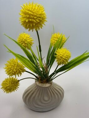 Yellow Pom-Pom Faux Floral Arrangement in Cream Ceramic Vase